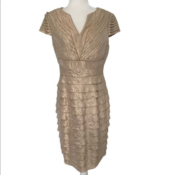Adrianna Papell Gold Tiered Shutter Pleat Sheath Dress | Size 10 - Picture 10 of 14